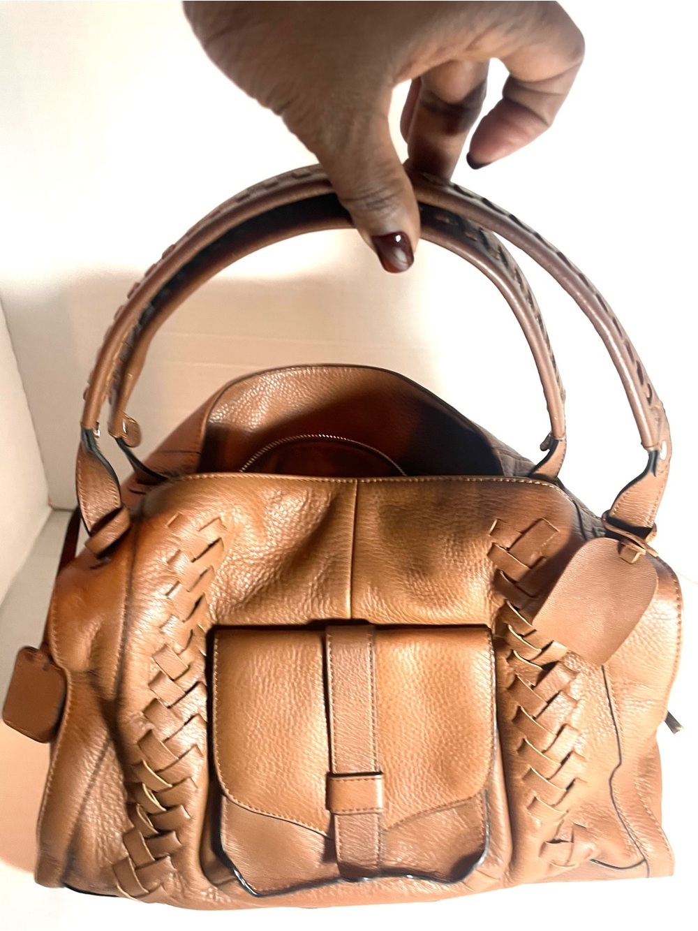 Jessica Simpson Cognac Faux Pebbled Leather Woven Boho Satchel Handbag - Picture 13 of 16